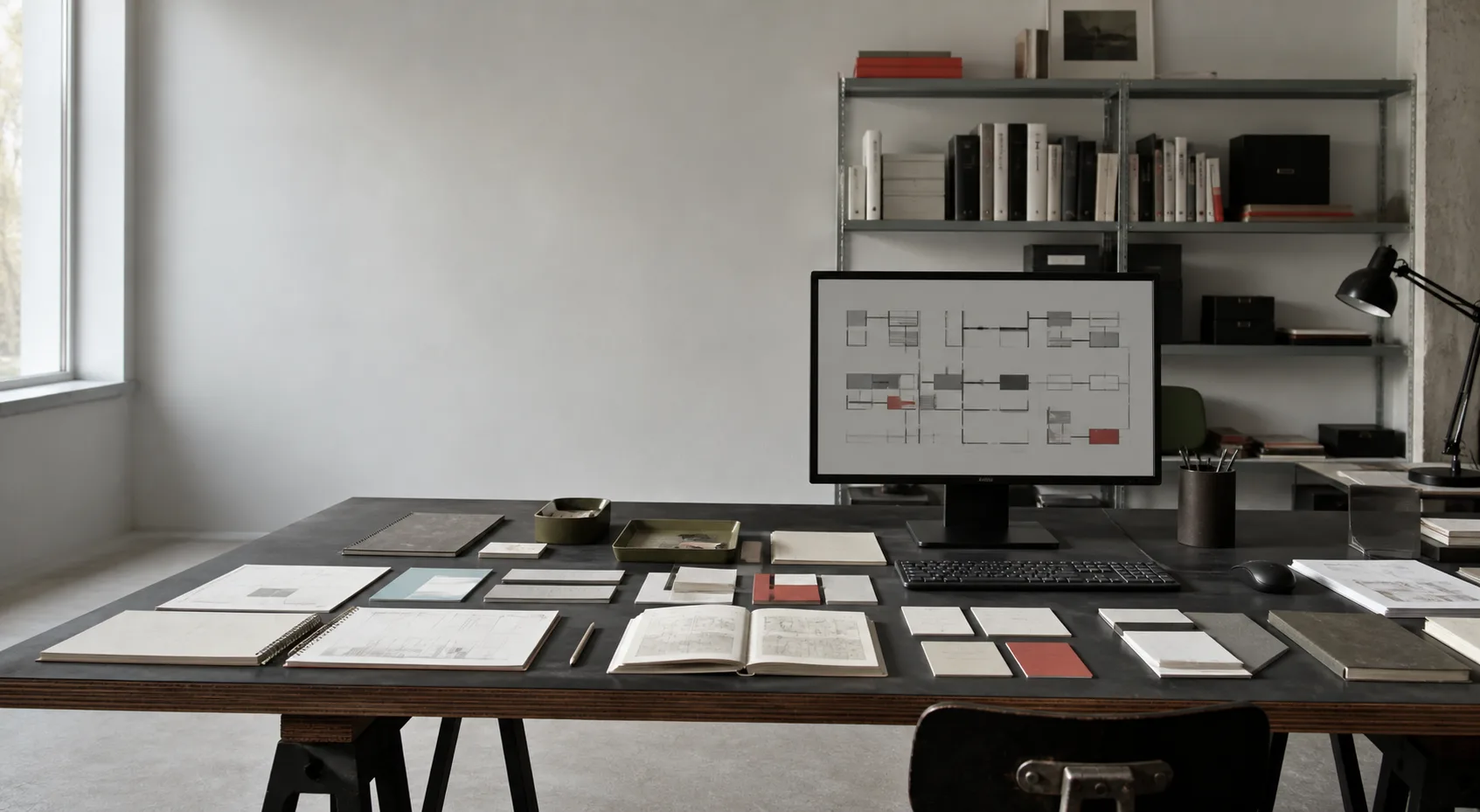 Research materials arranged across a studio worktable